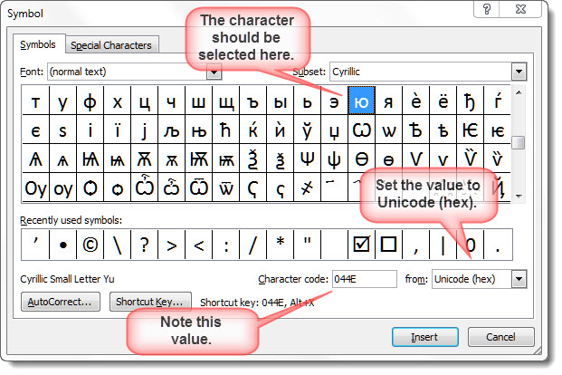 microsoft word unicode character codes